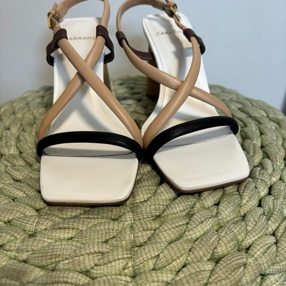 Carrano Neutral Square Toe Wood Heel  Strappy Heel Sandals - Picture 5 of 9